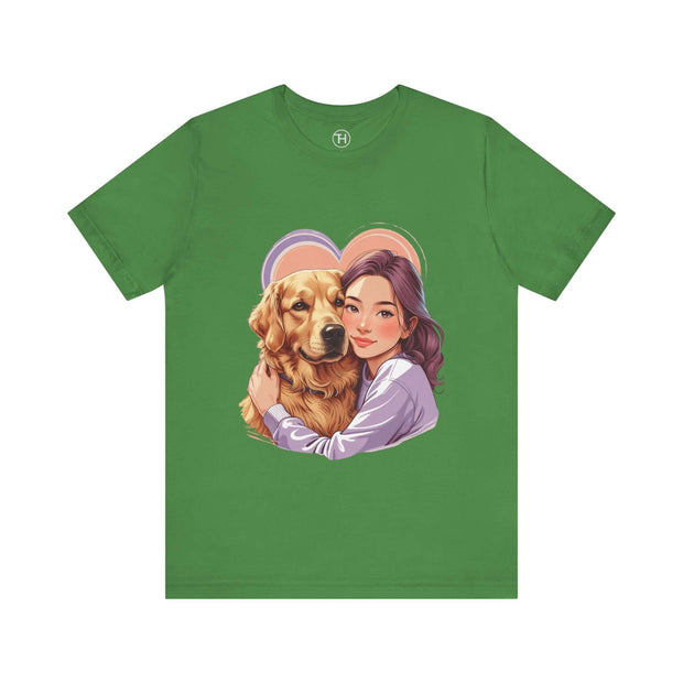 Green unisex tee featuring a woman hugging a golden retriever, perfect for dog lovers and casual wear.