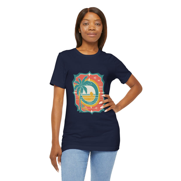 Retro Sunset Palm Tree Tee, Beach Vibes T-Shirt, Casual Summer Shirt, Perfect for Vacations, Gift for Beach Lovers