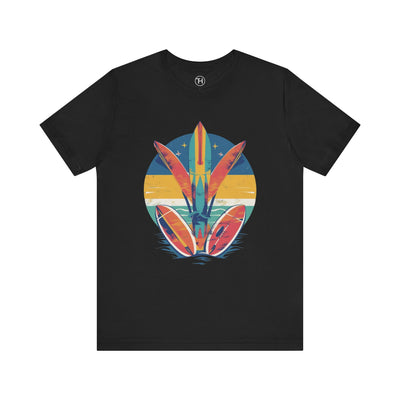 Retro Surfboard Vibe Unisex Jersey Tee | Beach Lover Gift, Summer T-Shirt, Casual Style, Vacation Wear, Surfing Apparel - Hover View