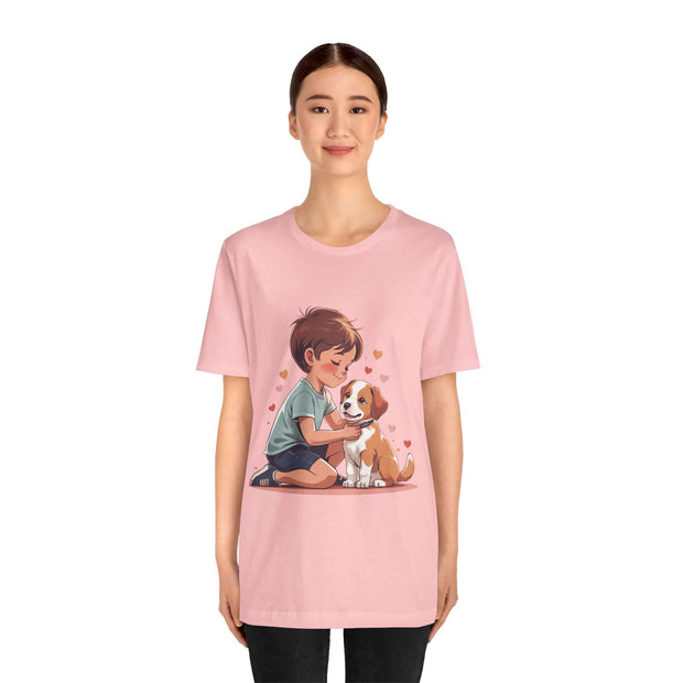 Cute Kid & Puppy Love T-Shirt featuring a boy with a puppy and hearts, perfect for dog lovers and cozy casual wear.