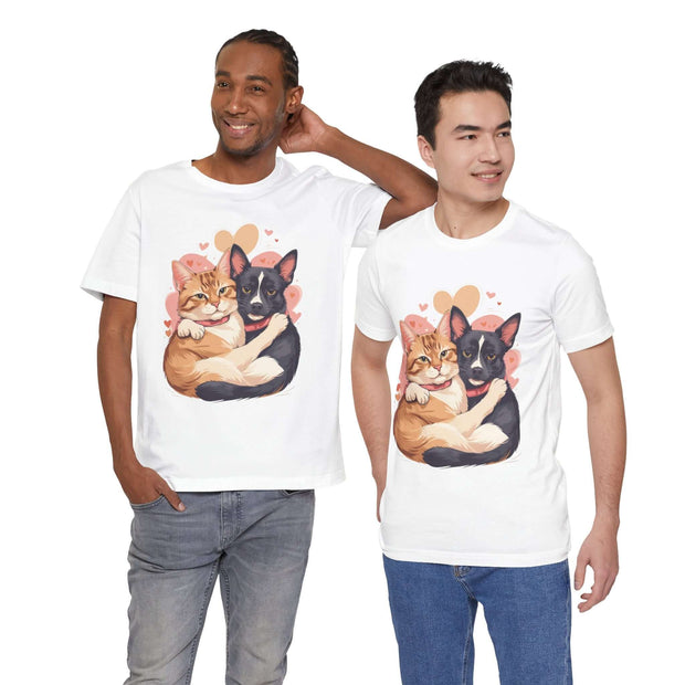 Two young men wearing a cute pet lovers tee featuring cats and dogs, ideal for animal enthusiasts.