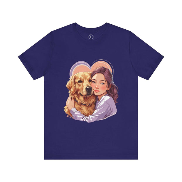 Heartwarming dog lover tee featuring a girl hugging a golden retriever on a navy blue shirt.
