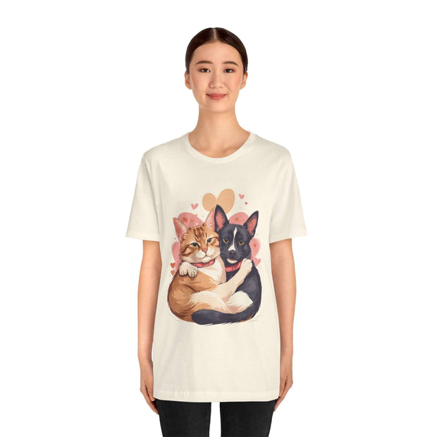 Cute pet lovers tee featuring illustrations of a cat and dog together, designed for casual and comfortable wear.