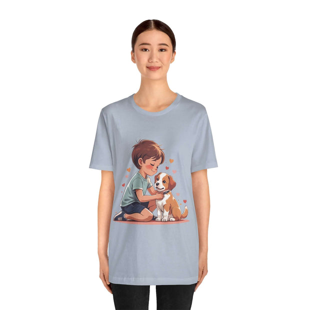 Kid wearing a blue Kid & Puppy Love T-Shirt with a cartoon design of a boy and puppy surrounded by hearts.
