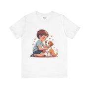Kid & Puppy Love T-Shirt featuring a boy and his puppy with hearts, perfect for dog lovers.
