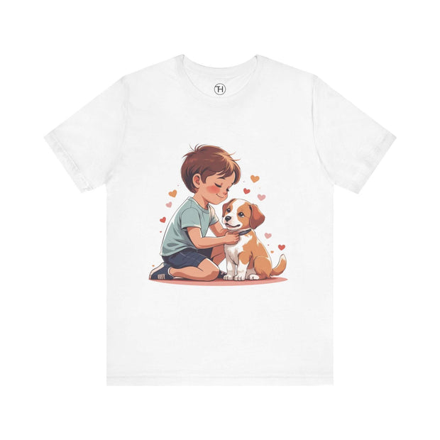 Kid & Puppy Love T-Shirt featuring a boy and his puppy with hearts, perfect for dog lovers.