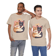 Two men wearing Pet Lovers Tees featuring illustrated cats and dogs, perfect for animal enthusiasts.