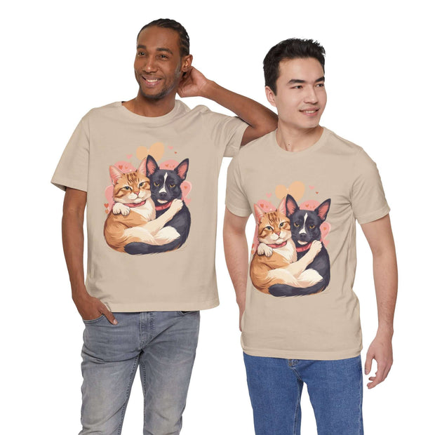 Two men wearing Pet Lovers Tees featuring illustrated cats and dogs, perfect for animal enthusiasts.