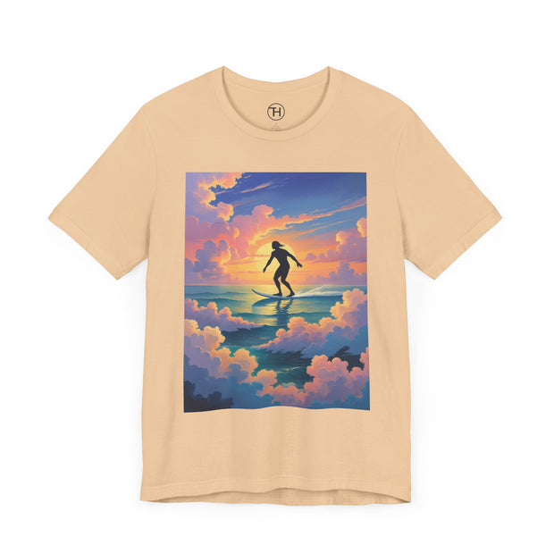 Surfing into the Sunset Tee, Surf Tee, Beach Vibes T-Shirt, Summer Apparel, Gift for Surfers, Adventure Wear