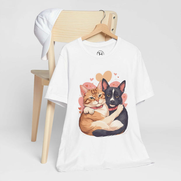 Cute Pet Lovers Tee featuring a cat and dog graphic, perfect for animal enthusiasts and casual wear.