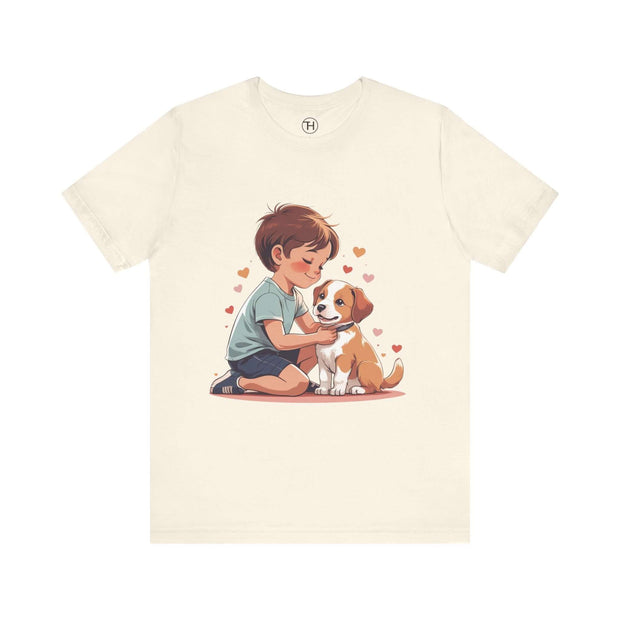 Kid & Puppy Love T-Shirt featuring a boy with a puppy surrounded by hearts, perfect for dog lovers.