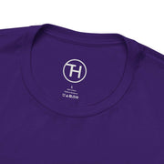 Close-up of the purple unisex jersey tee collar showcasing brand tag and fabric details.
