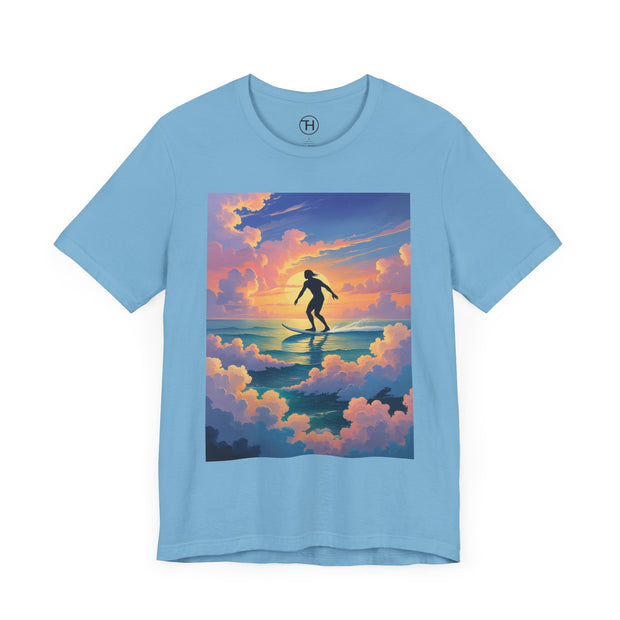 Surfing into the Sunset Tee, Surf Tee, Beach Vibes T-Shirt, Summer Apparel, Gift for Surfers, Adventure Wear