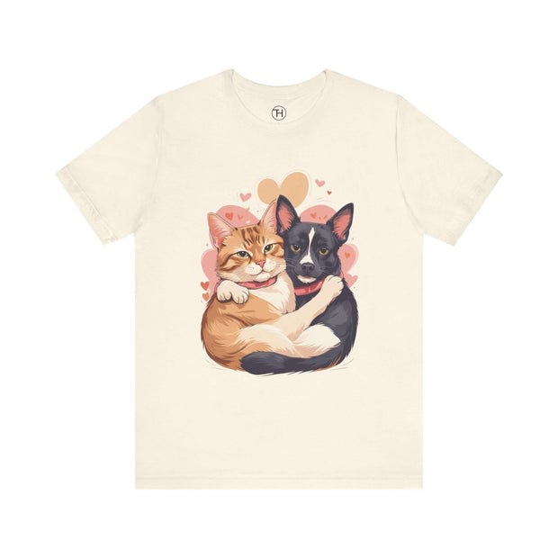 Cute pet lovers tee featuring two cats hugging with hearts, ideal for animal enthusiasts.