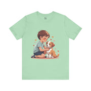 Kid & Puppy Love T-Shirt featuring a boy with a puppy surrounded by hearts, perfect for dog lovers and casual wear.