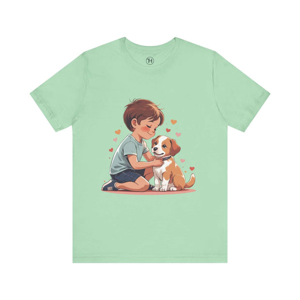 Kid & Puppy Love T-Shirt featuring a boy with a puppy surrounded by hearts, perfect for dog lovers and casual wear.